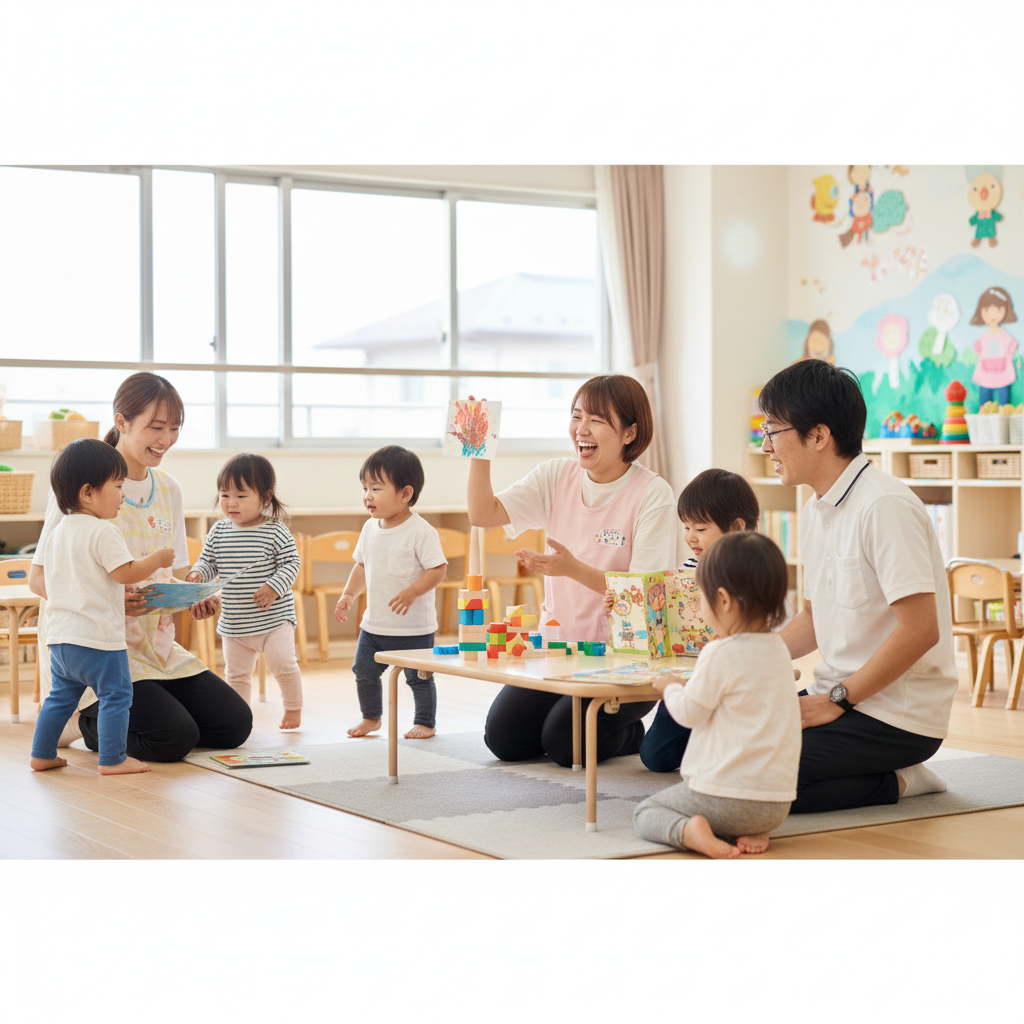 保育士と子供たちの笑顔